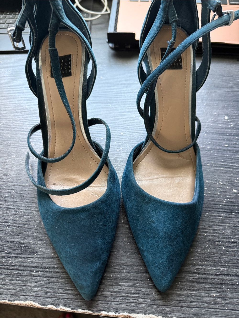 White House Black Market Teal Suede Pointed-Toe Ankle-Strap Heels